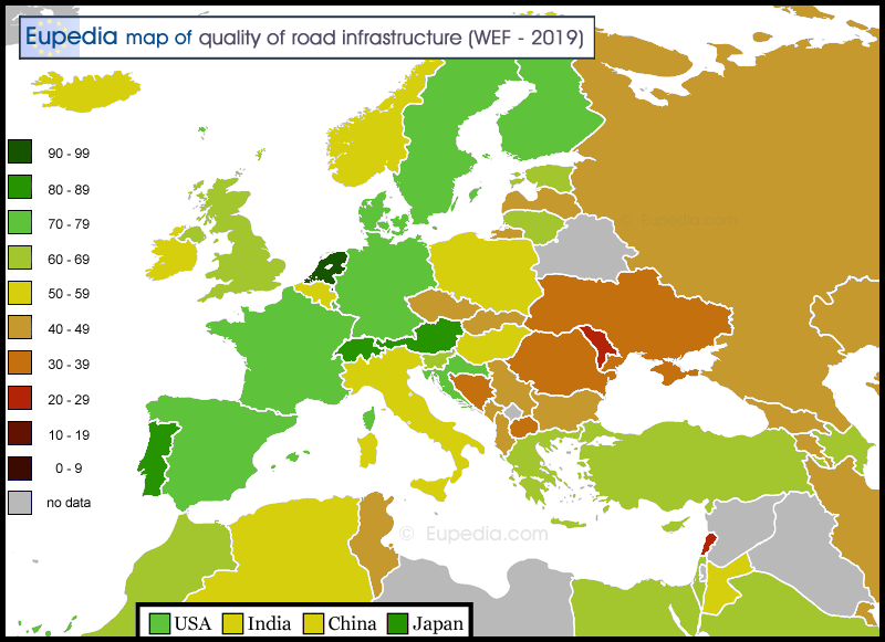 Map of the quality of road infrastructure in and around Europe