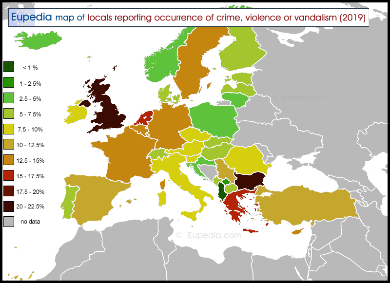 Map of pPopulation reporting occurrence of crime, violence or vandalism in their area in Europe