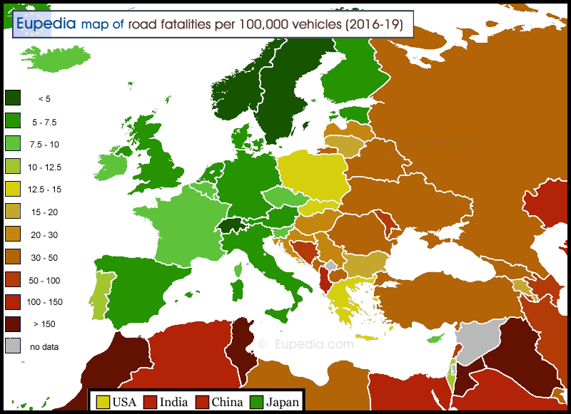 Map of traffic-related deaths by 100,000 motor vehicles in and around Europe