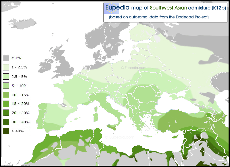 Distribution of the Southwest Asian admixture (K12b) in and around Europe