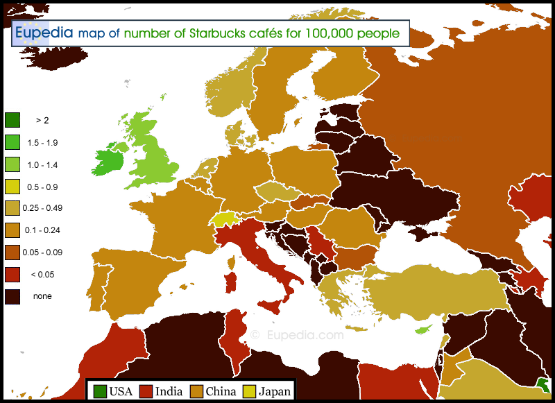 Map of the number of Starbucks cafs per 100,000 inhabitants in and around Europe