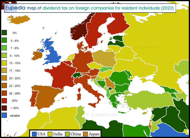 Map showing the dividend tax on foreign companies for resident individuals in and around Europe