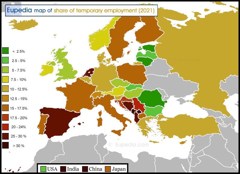 Map showing the percentage of temporary workers by country in Europe