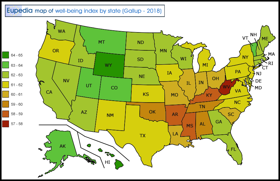 Map of well-being index the USA by state (Gallup 2018)