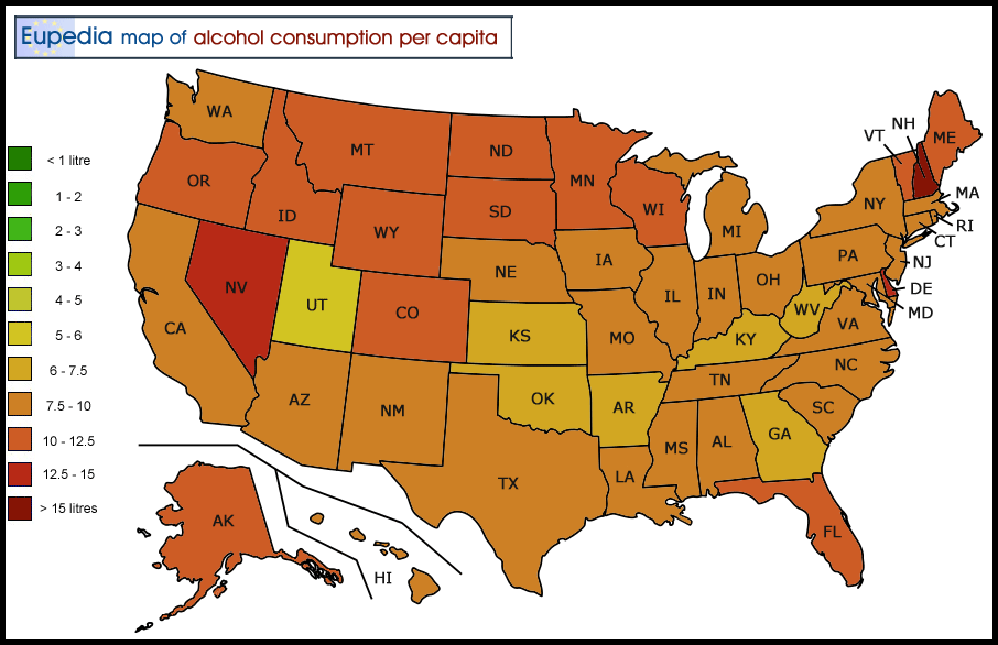 Map of alcohol consumption per capita per year by US States