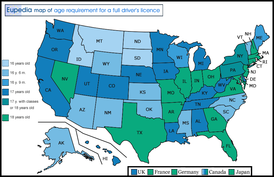 Map of legal age requirement for a full driver's licence in the U.S. by state
