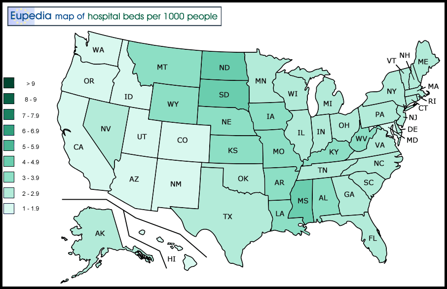 Map of hospital beds per 1000 inhabitants by US States