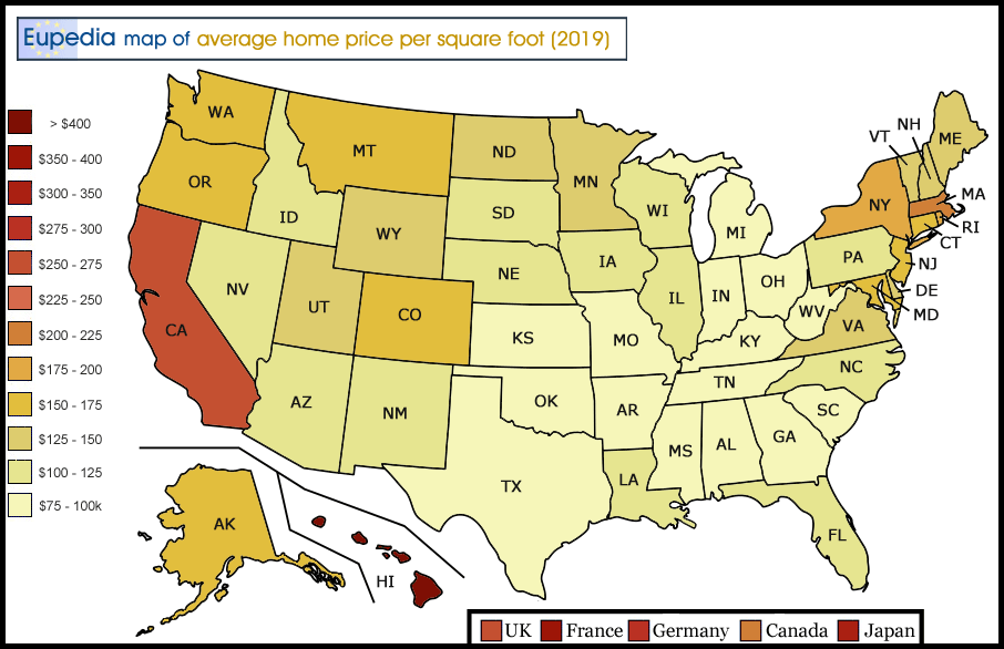 Map of average house prices per square foot in the USA by state
