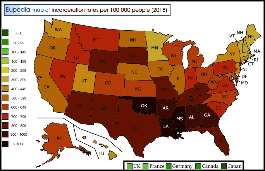 Map of incarceration rates in the U.S. by state