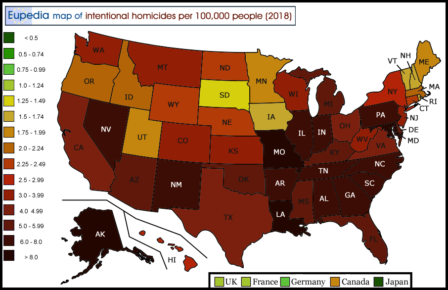Map of intentional homicides rates in the U.S. by state