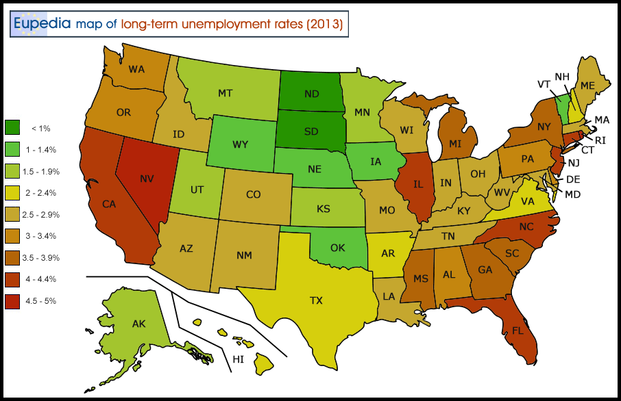 Map of averaged long-term unemployment rate (2012-2013) in the USA by state