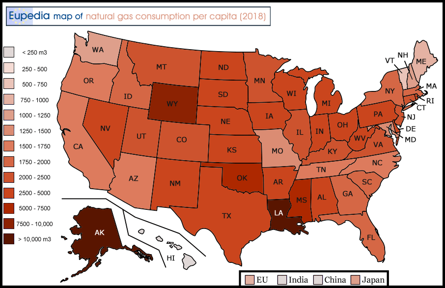 Map of natural gas consumption per capita in m3 in the U.S. by state