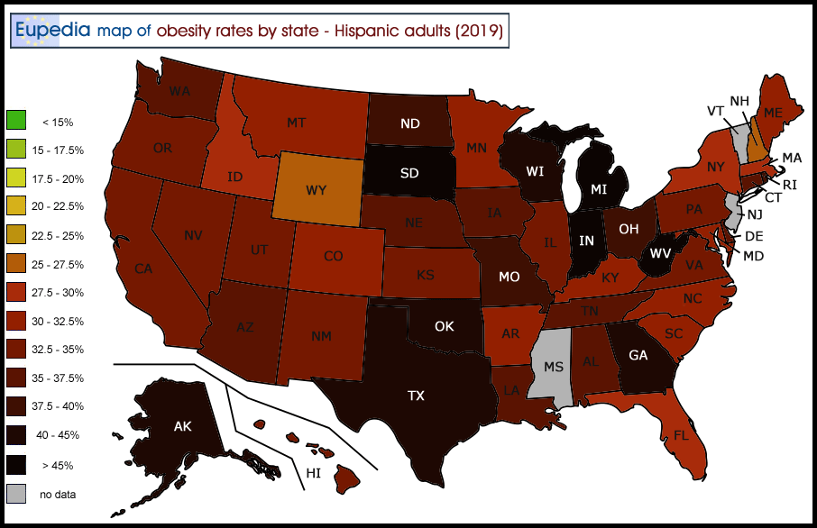 Map of obesity rates of Hispanic adults by US States