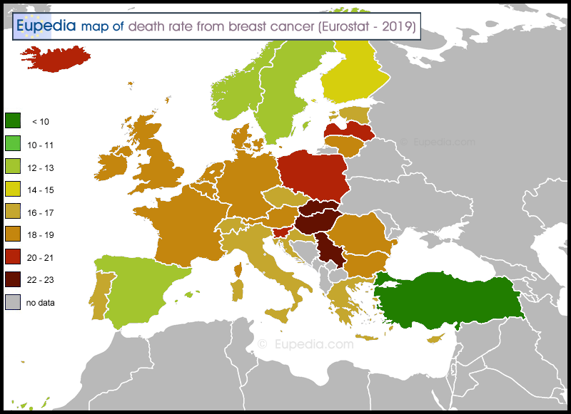 Map of death rate from breast cancer per 100,000 people in and around Europe