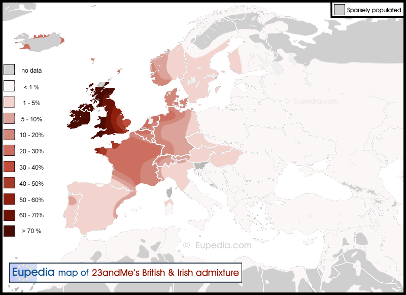 Distribution of the British & Irish admixture in and around Europe