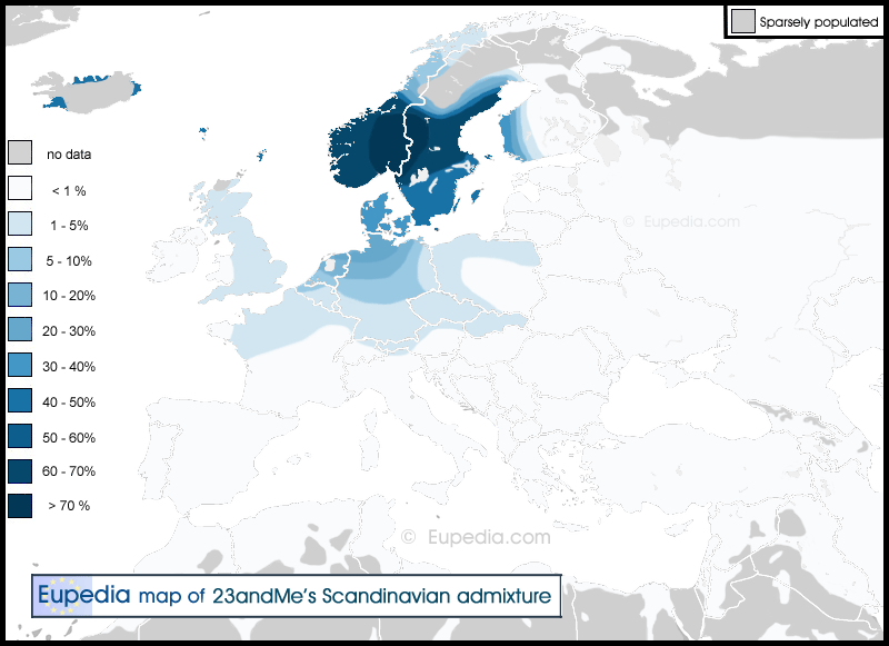 Distribution of the Scandinavian admixture in Europe