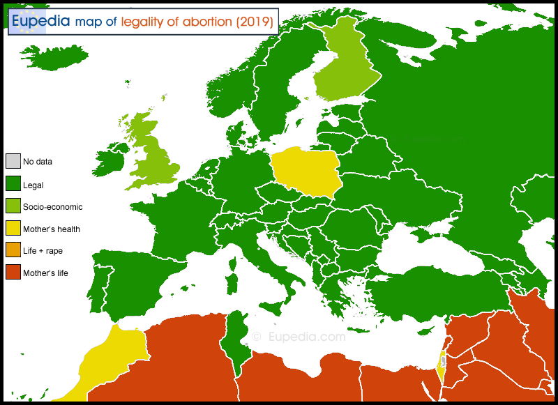 Map of abortion laws by country in and around Europe