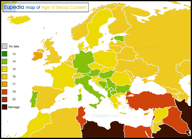 Map of legal age of sexual consent by country in and around Europe