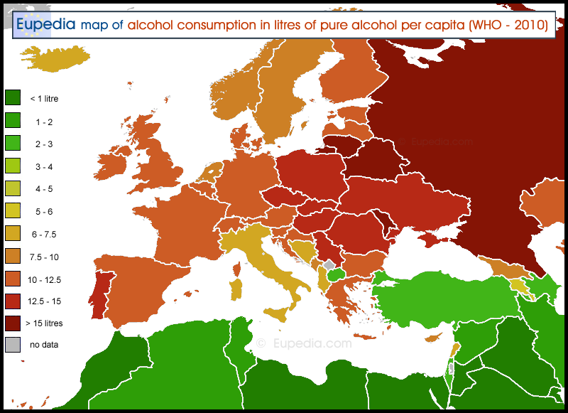 Map of alcohol consumption per capita per year in and around Europe