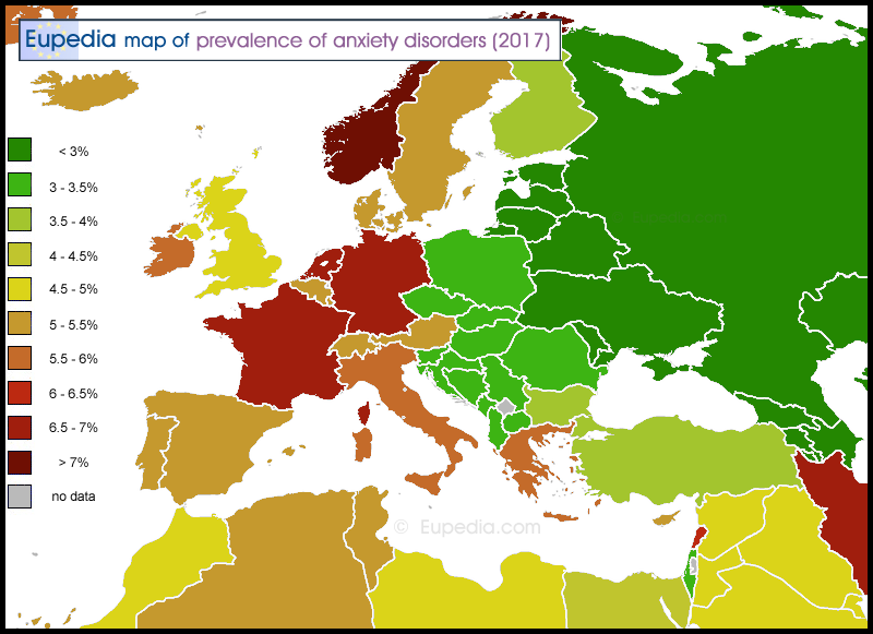 Map of prevalence of anxiety disorders in and around Europe