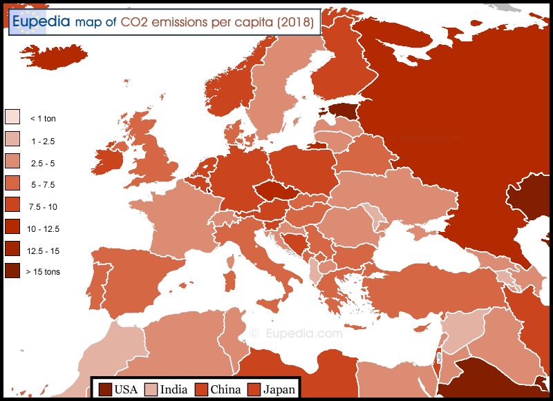 Map of CO2 emissions per capita in and around Europe