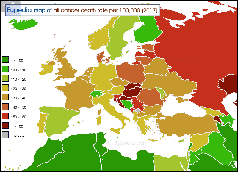 Map of cancers death rate per 100,000 people in and around Europe