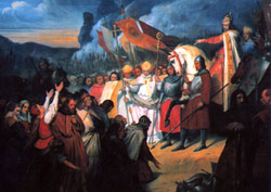 Charlemagne subdues Widukind, leader of the Saxons, at Paderborn