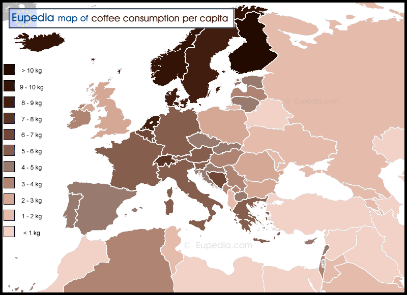 Map of coffee consumption per capita per year in and around Europe