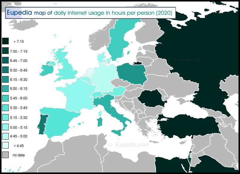 Map of average daily Internet usage in hours per person in and around Europe