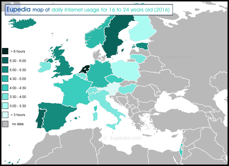 Map of average daily Internet usage in hours per person in and around Europe