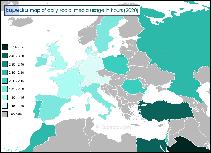 Map of average daily social media usage in hours per person in and around Europe