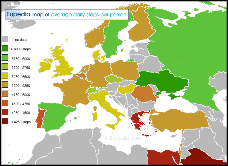 Map of average daily steps per person in and around Europe