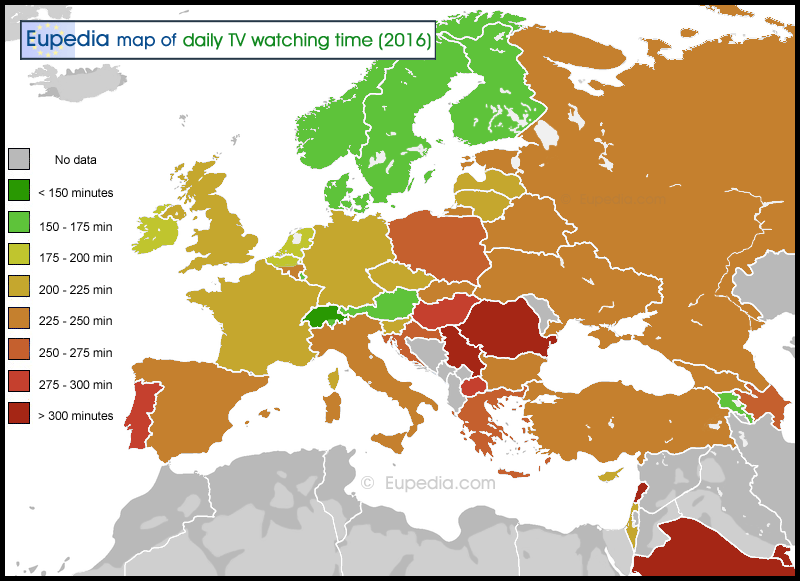 Map of daily TV watching time  by country in and around Europe