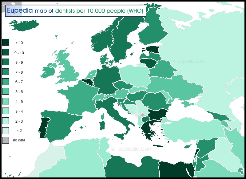 Map of dentists per 10000 inhabitants in and around Europe
