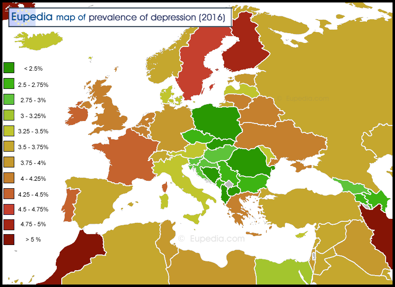 Map of depression prevalence in and around Europe