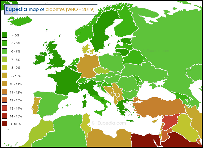 Map of diabetes prevalence in and around Europe