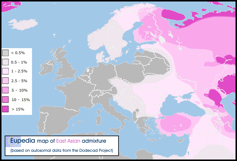 Distribution of the East Asian admixture in and around Europe