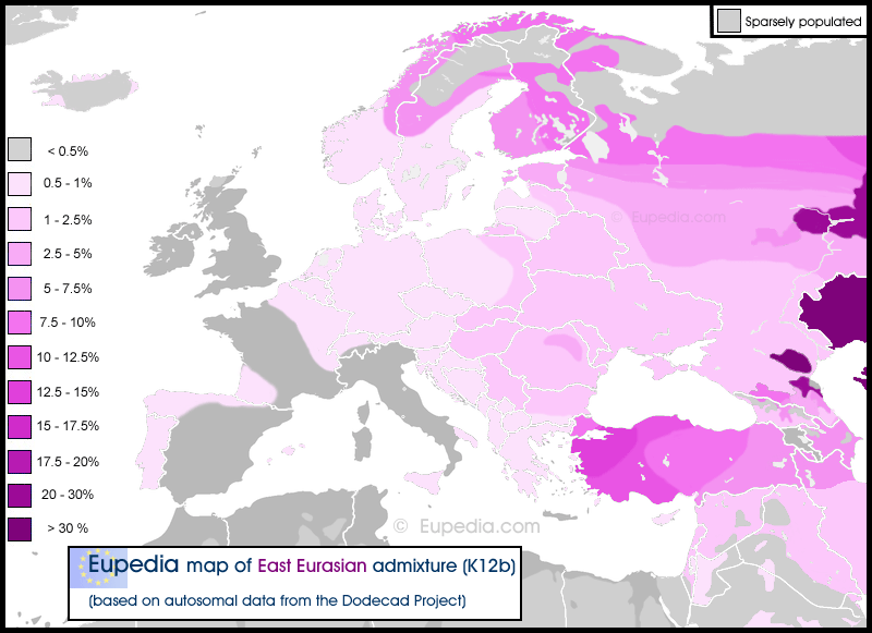 Distribution of the East Eurasian admixture (K12b) in and around Europe