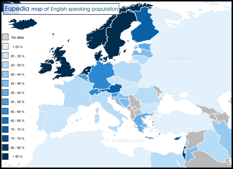 Map of English speakers by country in and around Europe Map of English speakers by country in and around Europe
