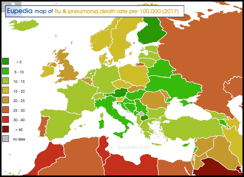 Map of Influenza & Pneumonia death rate per 100,000 people in and around Europe