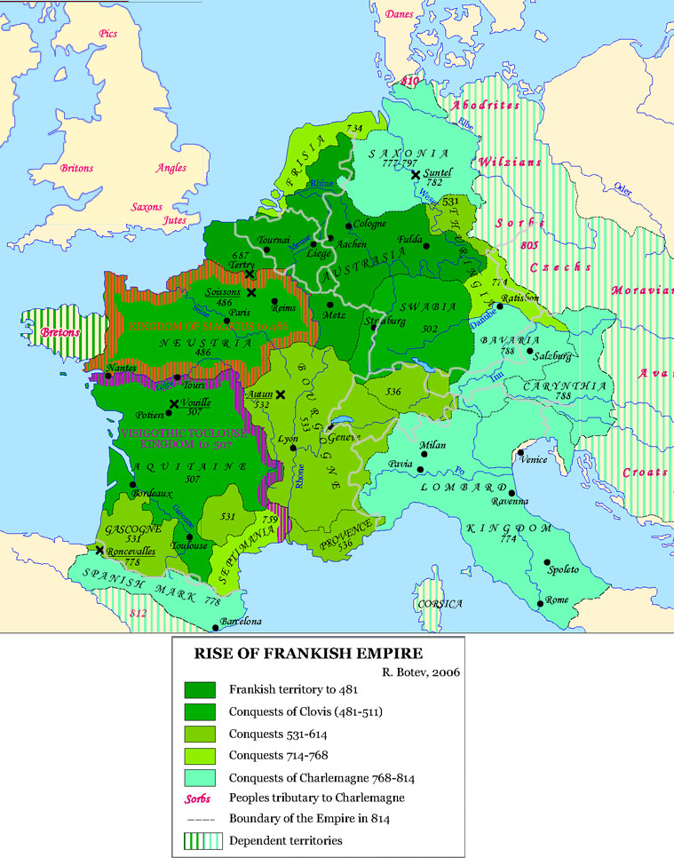 Map of the expansion of the Frankish empire from the Frankish homeland