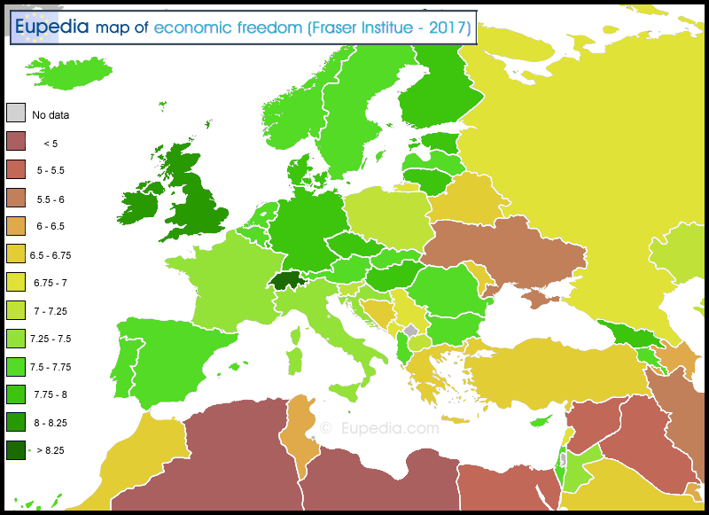 Map of economic freedom (Fraser Institute) by country in and around Europe
