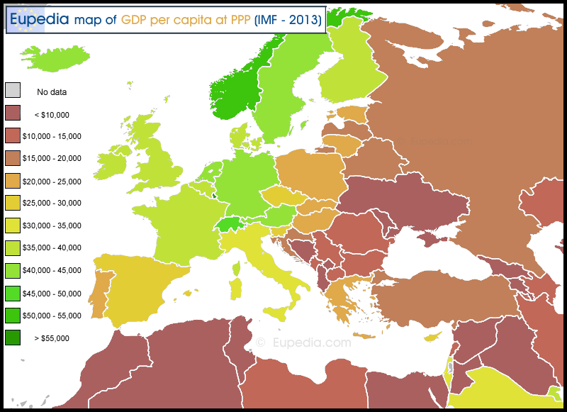 Map of GDP per capita at PPP  in Europe