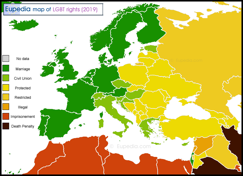 Map of homosexual rights & Same-sex marriage/civil union by country in and around Europe