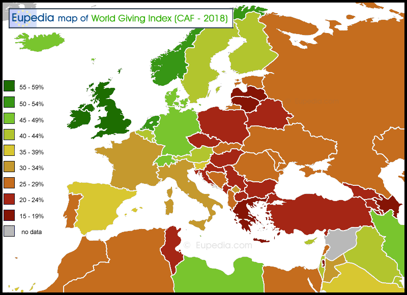 Map of World Giving Index score by country in and around Europe