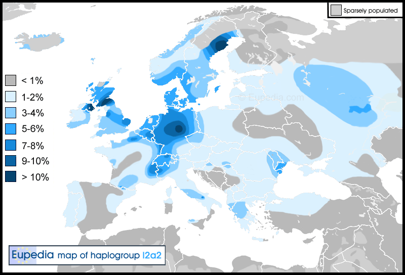 Distribution of haplogroup I2a2 (formerly I2b) in Europe