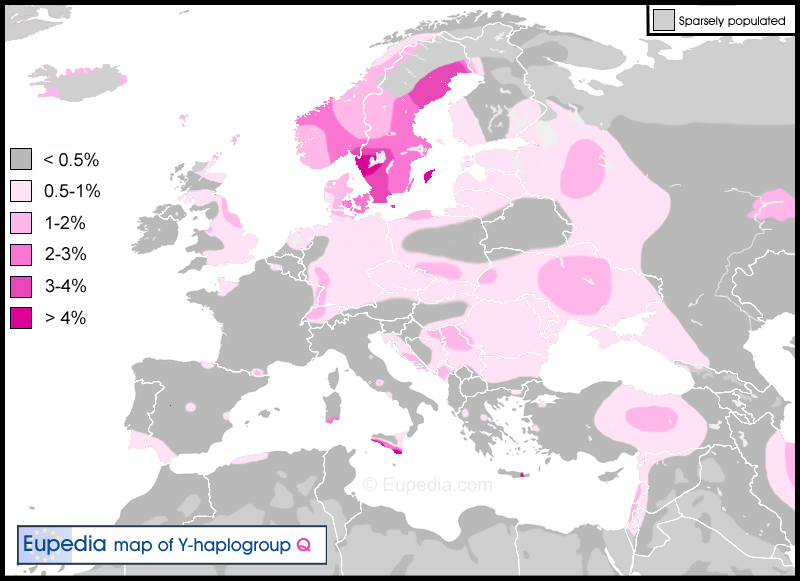 Distribution map of haplogroup Q in Europe