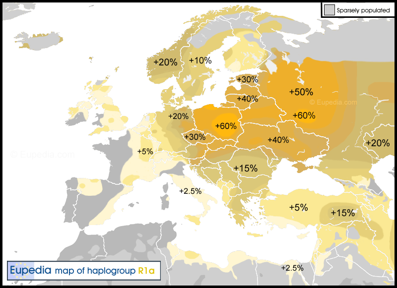Distribution map of haplogroup R1a in Europe