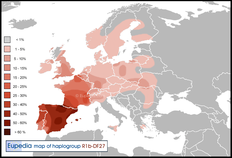 Répartition géographique de l'haplogroupe R1b-DF27 en Europe