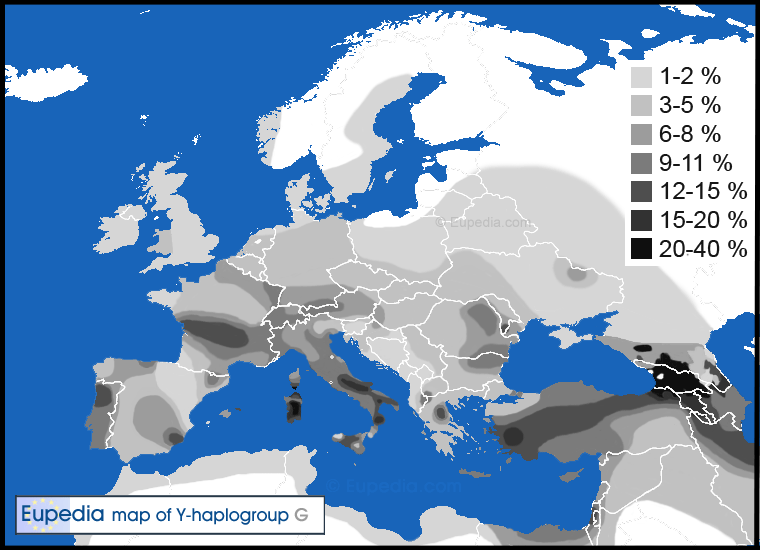 Distribution map of haplogroup G in Europe, North Africa and the Middle East